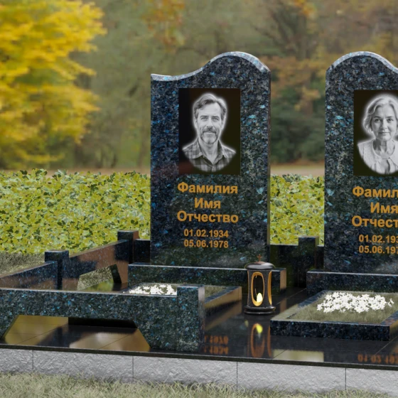Памятник гранитный двойной с волнообразным верхом, гранит Блю Перл, вид 4, в Якутске