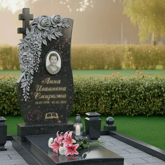 Элитный Гранитный православный памятник с крестом в Норильске, гранит амфиболит