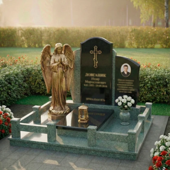 Вертикальный гранитный памятник с православным крестом, гранит Балтик грин, в Якутске