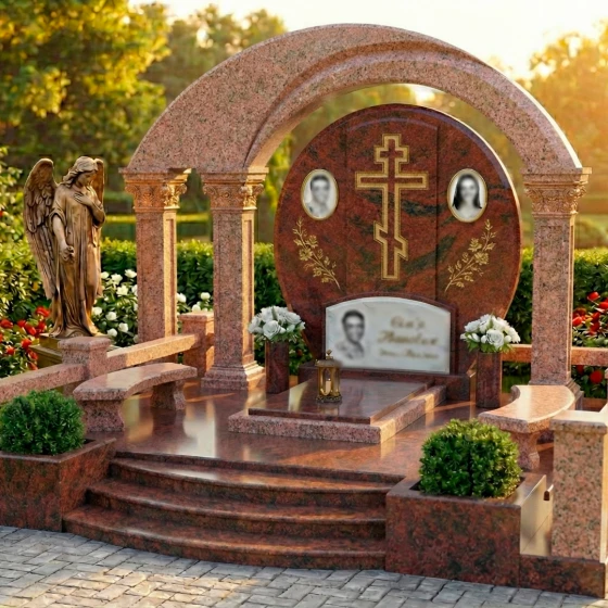 Гранитный памятник на троих с крестом в Омске, гранит Лезниковский