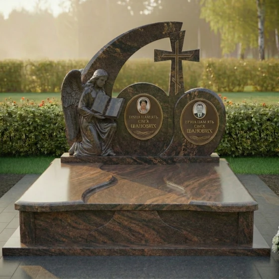 Комбинированный гранитный памятник с ангелом и книгой для двоих, гранит Дымовский, в Якутске