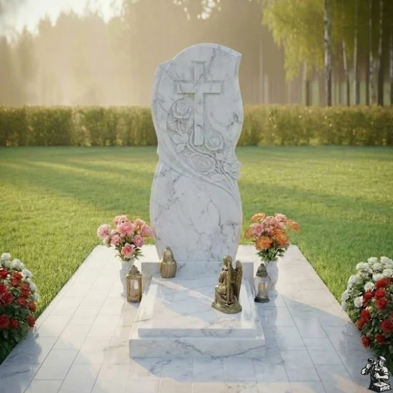Православный гранитный памятник с крестом и мемориалом в Новокузнецке, мрамор Тассос