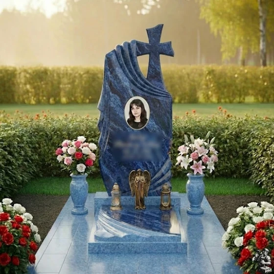 Элитный гранитный памятник с драпировкой, гранит Блю Перл