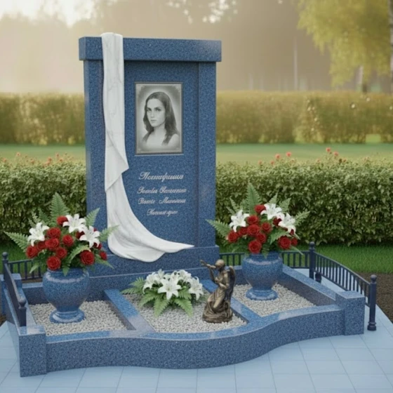 Мемориал с "драпировкой" из гранита, гранит Блю Перл, в Якутске