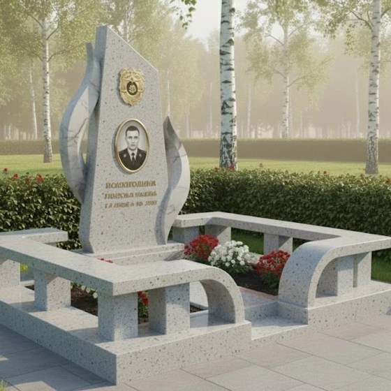Комбинированный вертикальный памятник в Липецке, гранит Мансуровский