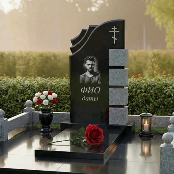 Православный гранитный мемориал с крестом в Воронеже, гранит Габбро-диабаз
