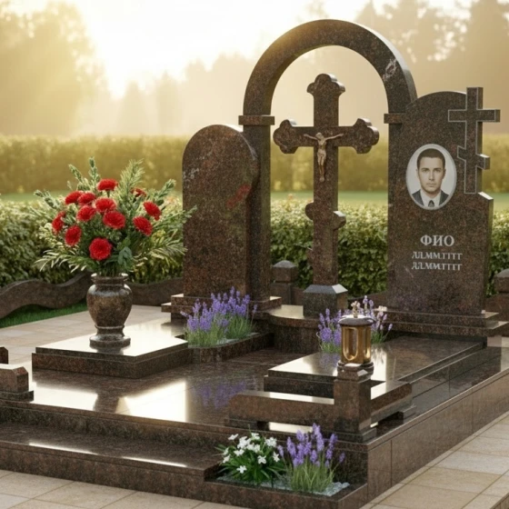 Элитный гранитный православный памятник с крестом в Альметьевске, гранит Дымовский