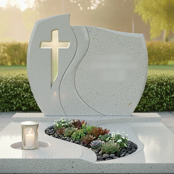 Горизонтальный католический комбинированный памятник в Уфе, гранит Мансуровский
