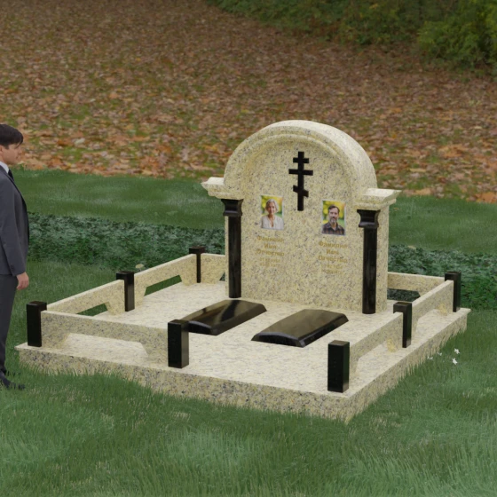 Парный памятник — арка с православным крестом, гранит Мансуровский, вид 4, в Якутске
