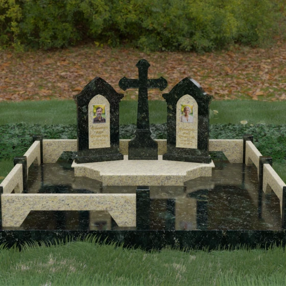Комбинированный вертикальный памятник для двоих в Новокузнецке, гранит Балтик грин