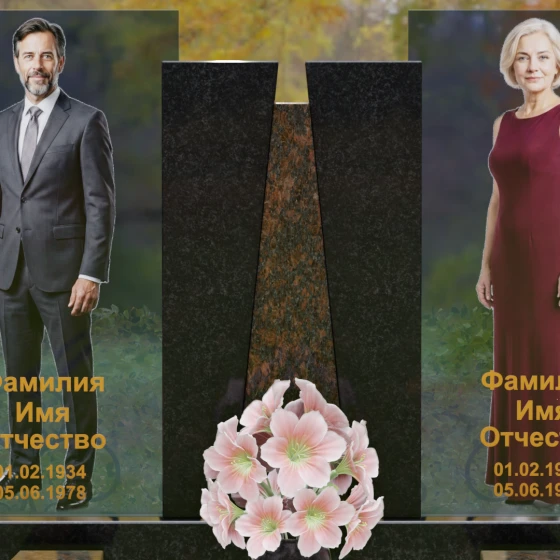 Комбинированный памятник со стеклянными панелями и гранитным пилоном, гранит Габбро-диабаз, в Якутске