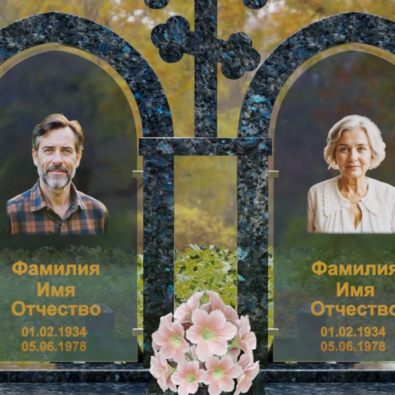 Комбинированный памятник с крестом и арками, гранит Блю Перл, в Якутске