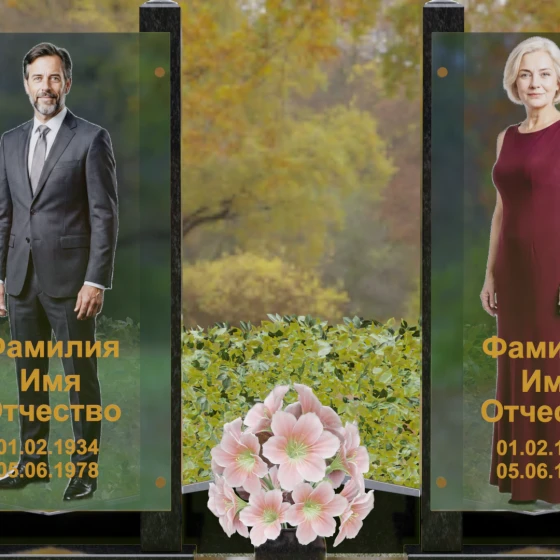 Вертикальный памятник из гранита со стеклянными панелями, гранит Габбро-диабаз, в Санкт-Петербурге