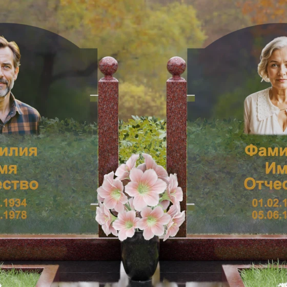 Горизонтальный памятник с арками и стеклом, гранит Лезниковский, в Якутске