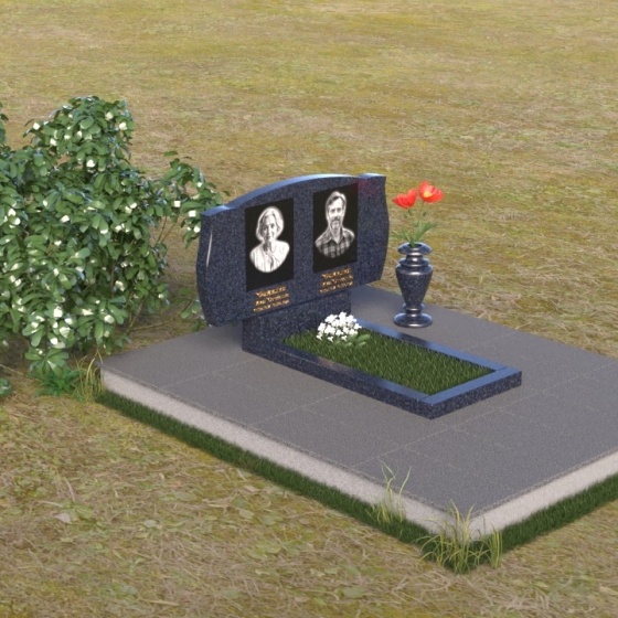 Мемориальная композиция с двумя волнами из камня, гранит Блю Перл, вид 2, в Якутске