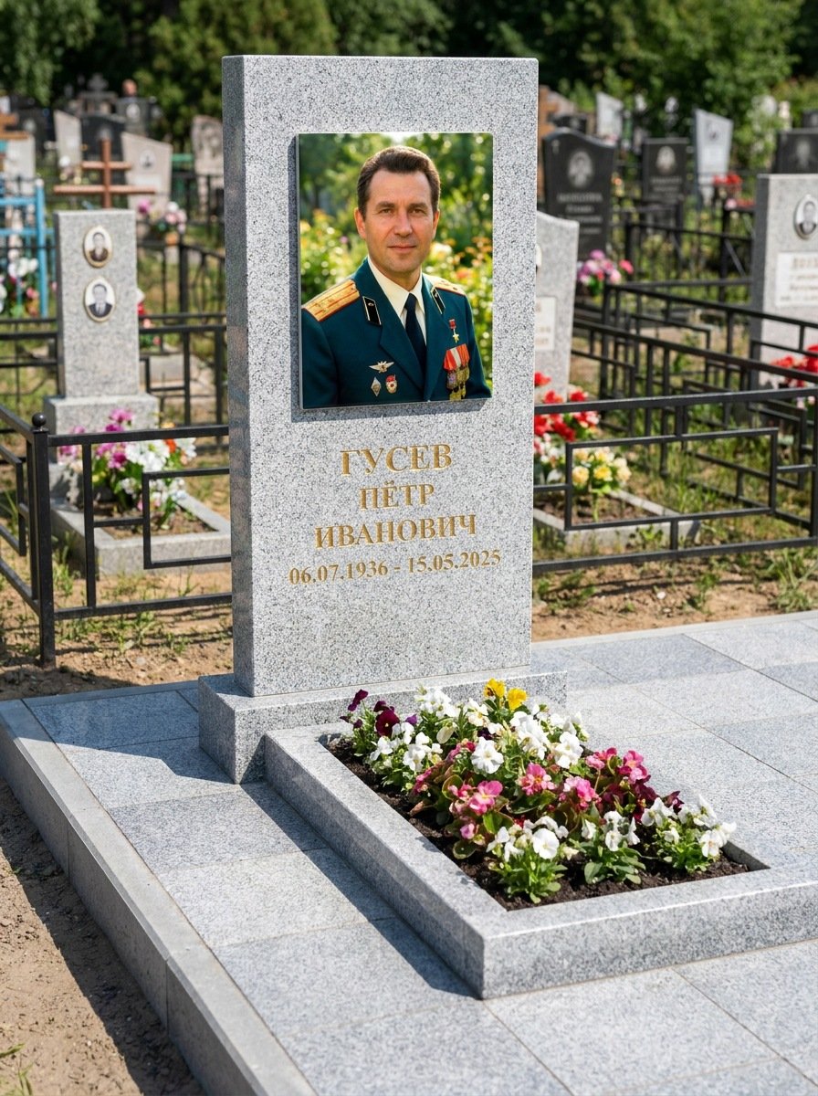 Портрет на памятнике в Белгороде — Прямоугольник на гранитной стеле, ФИО и даты на портрете